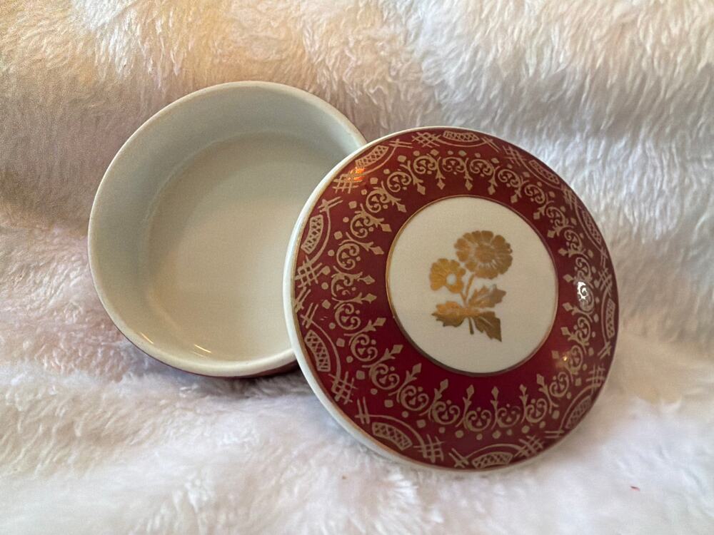 Vintage Pomerode Brazil Porcelain Trinket Box Red Gold Floral Round Lidded